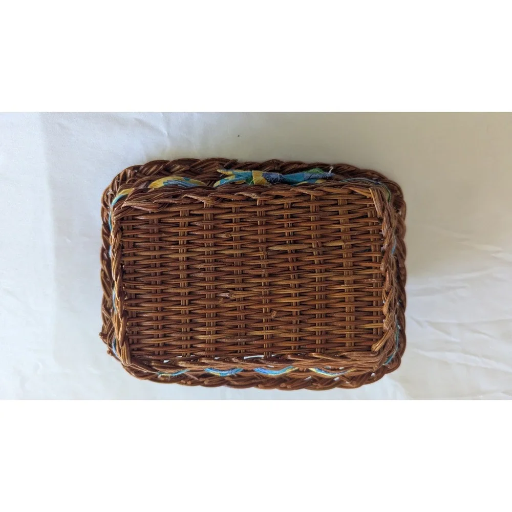 Brown Wicker Basket with Sunflower Fabric Liner Rectangular Storage with Handles